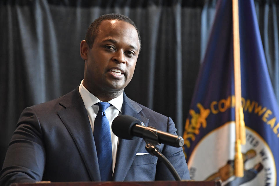 FILE - In this Sept. 23, 2020, file photo, Kentucky Attorney General Daniel Cameron addresses the media in Frankfort, Ky., following the return of a grand jury investigation into the death of Breonna Taylor. (AP Photo/Timothy D. Easley, File)