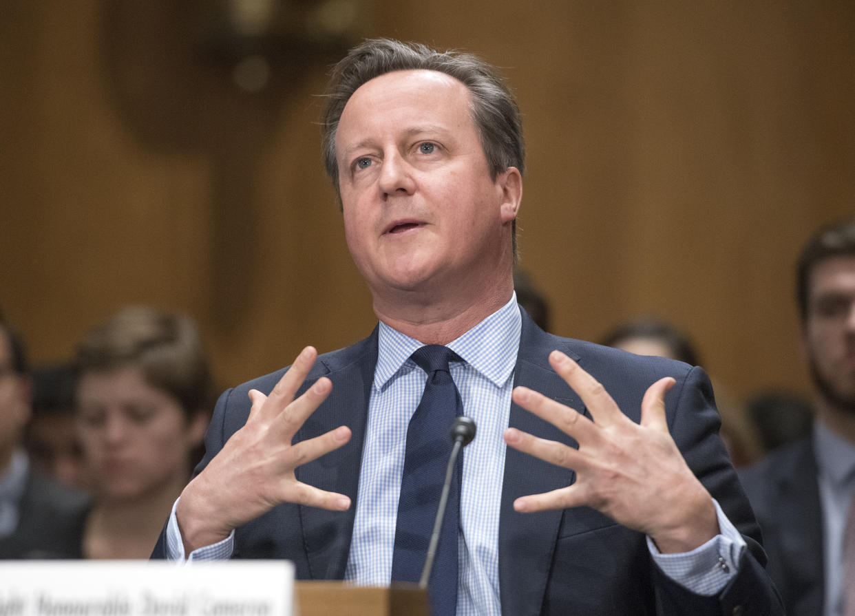  Former Prime Minister David Cameron of the United Kingdom, Chairman, Commission on State Fragility, Growth and Development, testifies at a hearing before the United States Senate Committee on Foreign Relations "to examine state fragility, growth, and development, focusing on designing policy approaches that work" on Capitol Hill in Washington, DC on Tuesday, March 13, 2018. (Photo by Ron Sachs/CNP/Sipa USA) 