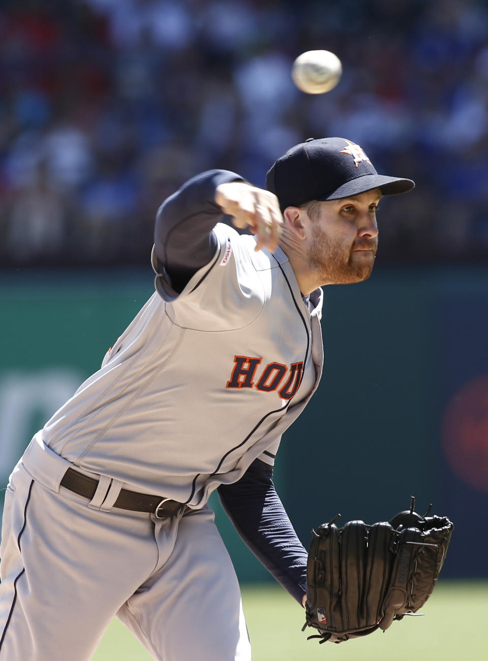 Houston Astros starting pitcher Collin McHugh delivers against the Texas Rangers during the first inning of a baseball game Sunday, April 21, 2019, in Arlington, Texas. (AP Photo/Mike Stone)