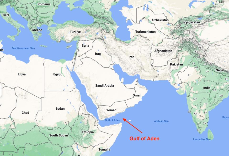 Google Maps screenshot skitched to show the Gulf of Aden