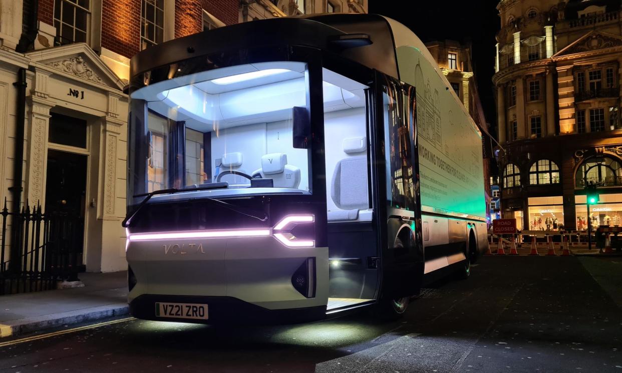 <span>A Volta electric truck in London, far from the UK’s only public HGV charging point in Lancashire.</span><span>Photograph: Jasper Jolly/The Guardian</span>