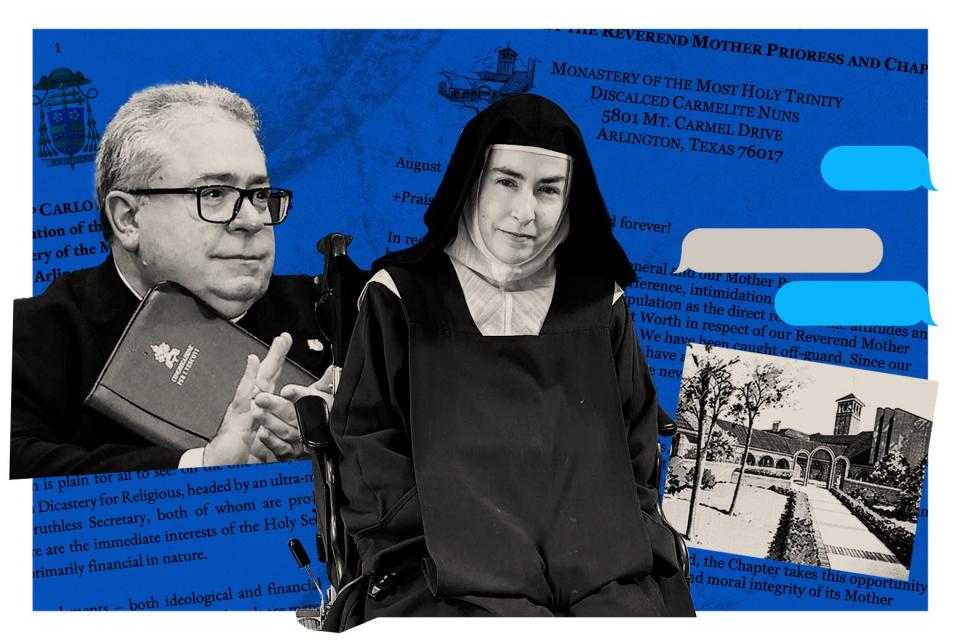 A bishop and a nun atop court documents, gray and blue iMessage bubbles, and a black-and-white image of cloisters.