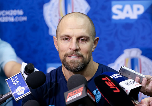 TORONTO, ON - SEPTEMBER 28: Dennis Seidenberg #44 of Team Europe speaks to the media during the World Cup of Hockey 2016 practice sessions at Air Canada Centre on September 28, 2016 in Toronto, Ontario, Canada. (Photo by Andre Ringuette/World Cup of Hockey via Getty Images)