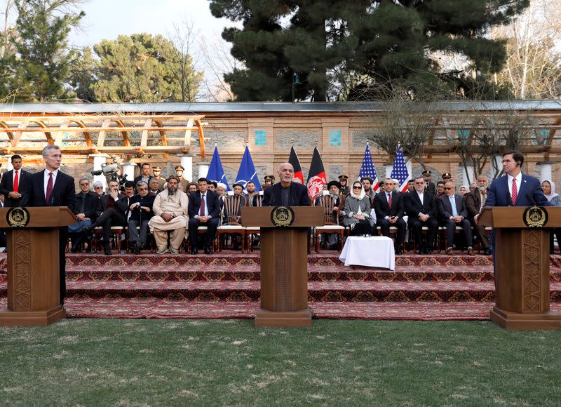 Afghanistan's President Ashraf Ghani speaks as U.S. Defense Secretary Mark Esper and NATO Secretary General Jens Stoltenberg, look on during a joint news conference in Kabul