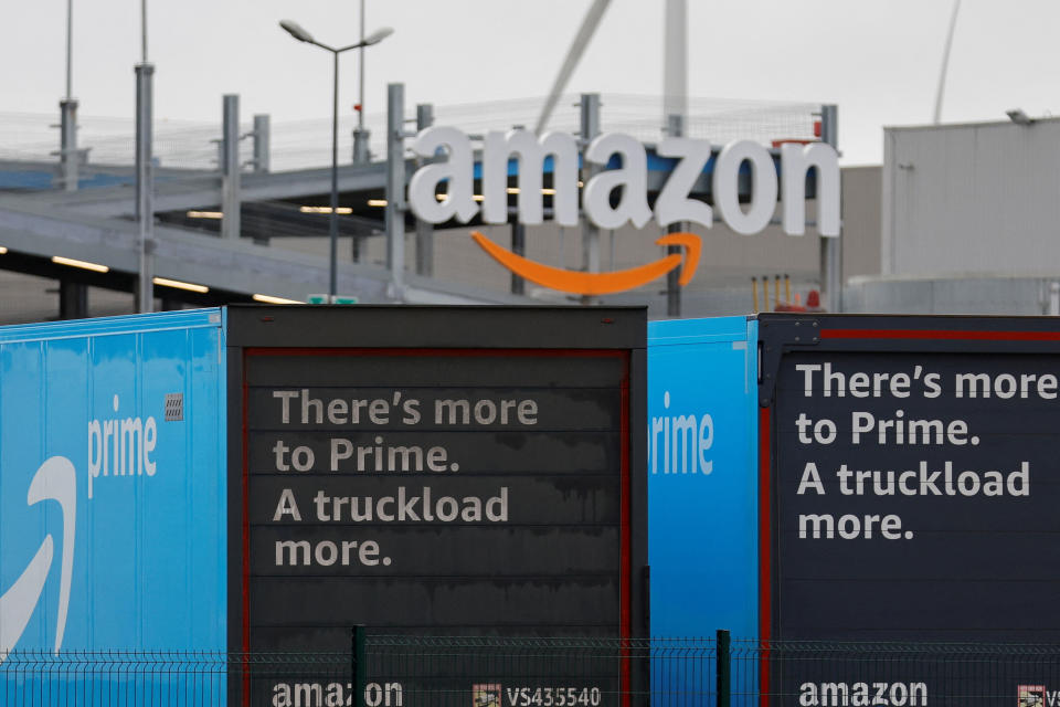 The logo of Amazon is seen at the company logistics center in Lauwin-Planque, northern France, January 5, 2023. REUTERS/Pascal Rossignol