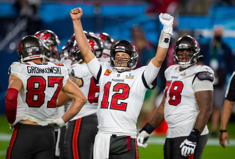 Tampa Bay Buccaneers quarterback Tom Brady celebrates during the fourth quarter of the 31-9 win against the Kansas City Chiefs in Super Bowl LV at Raymond James Stadium in Tampa, Fla. on Feb. 7, 2021.