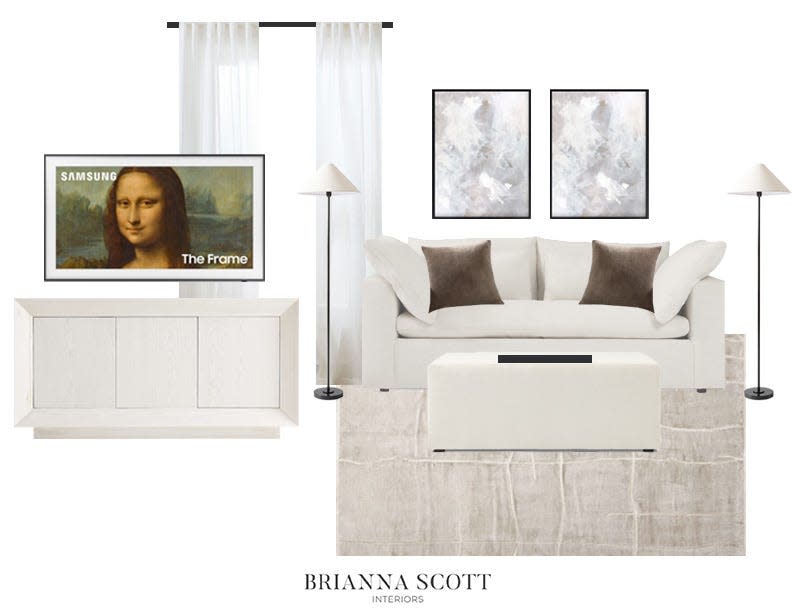 frame tv, white tv stand, cream couch design plan