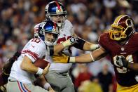 Eli Manning #10 of the New York Giants is sacked by the Washington Redskins during the second half of game at FedExField on December 3, 2012 in Landover, Maryland. (Photo by Patrick McDermott/Getty Images)