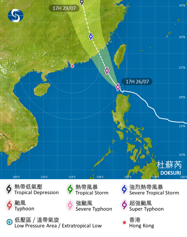 超強颱風杜蘇芮，在 2023 年 7 月 26 日下午 5 時的最新資料。杜蘇芮集結在香港之東南偏東約 750 公里，中心附近最高持續風速每小時 185 公里。杜蘇芮會在今明兩日（26、27 日）橫過呂宋海峽，並進入南海東北部。