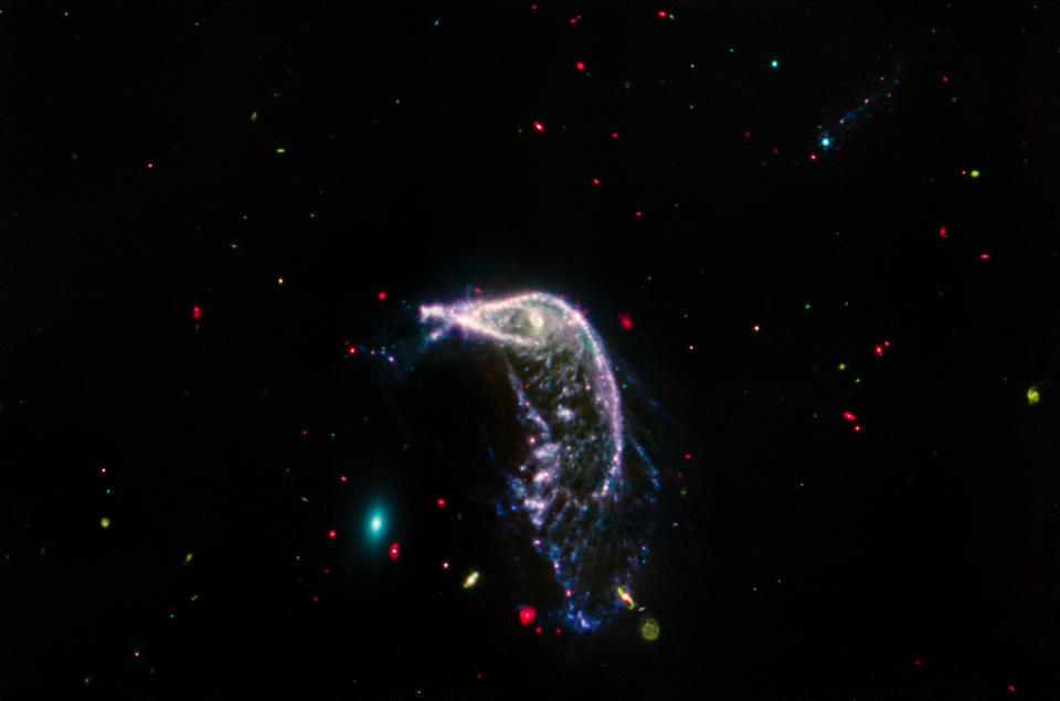 Image description: “Two interacting galaxies known as Arp 142 in a horizontal image taken in mid-infrared light. At left is NGC 2937, an elliptical galaxy that looks like a tiny teal oval and is nicknamed the Egg. At right is NGC 2936, a distorted spiral galaxy nicknamed the Penguin, which is significantly larger. A beak-like region points toward the Egg, but lies far above it. Where the eye would be is an opaque, almost washed-out pink spiral. This galaxy’s distorted pink, purple, and blue arms create the bird’s beak, back, and tail. The tail, which is closer to the Egg, is wide and layered, like a beta fish’s tail. The Penguin and the Egg appear very separate.” Image Credit: <a href="https://www.flickr.com/photos/nasawebbtelescope/53851864526/" rel="nofollow noopener" target="_blank" data-ylk="slk:NASA;elm:context_link;itc:0;sec:content-canvas" class="link ">NASA</a>