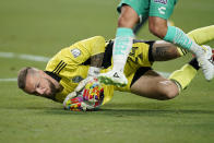 Seattle Sounders goalkeeper Stefan Frei (24) stops the ball against Club Leon during the first half of the Leagues Cup soccer final Wednesday, Sept. 22, 2021, in Las Vegas. (AP Photo/John Locher)