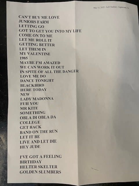 Paul McCartney setlist for SoFi Stadium, May 13, 2022