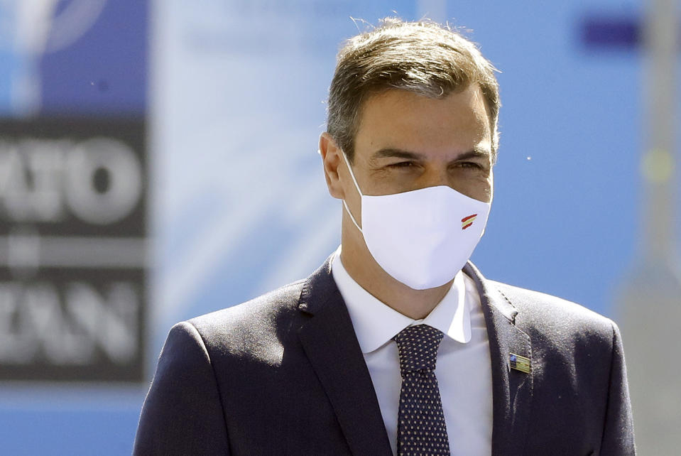 Spain's Prime Minister Pedro Sanchez arrives for a NATO summit at NATO headquarters in Brussels, Monday, June 14, 2021. U.S. President Joe Biden is taking part in his first NATO summit, where the 30-nation alliance hopes to reaffirm its unity and discuss increasingly tense relations with China and Russia, as the organization pulls its troops out after 18 years in Afghanistan. (Olivier Hoslet, Pool via AP)