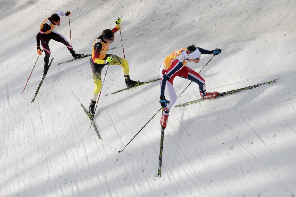 Bernhard Gruber of Austria, Johannes Rydzek of Germany and Magnus Krog of Norway compete in the 2014 Winter Olympics Nordic Combined Men's Team 4 x 5 km at the RusSki Gorki Jumping Center on Feb. 20, 2014 in Sochi, Russia. 