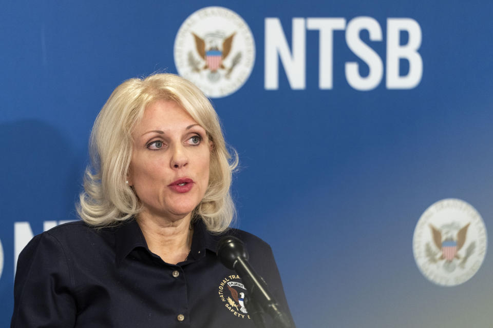 National Transportation Safety Board (NTSB) Chair Jennifer Homendy speaks Thursday, Feb. 23, 2023, in Washington, about the investigation into the Feb. 3 train derailment in East Palestine, Ohio. (AP Photo/Jacquelyn Martin)