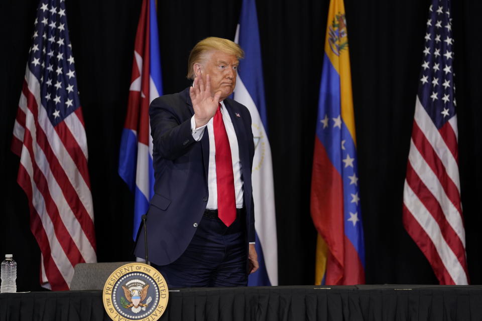 President Donald Trump leaves after a roundtable on Venezuela at Iglesia Doral Jesus Worship Center, Friday, July 10, 2020, in Doral, Fla. (AP Photo/Evan Vucci)