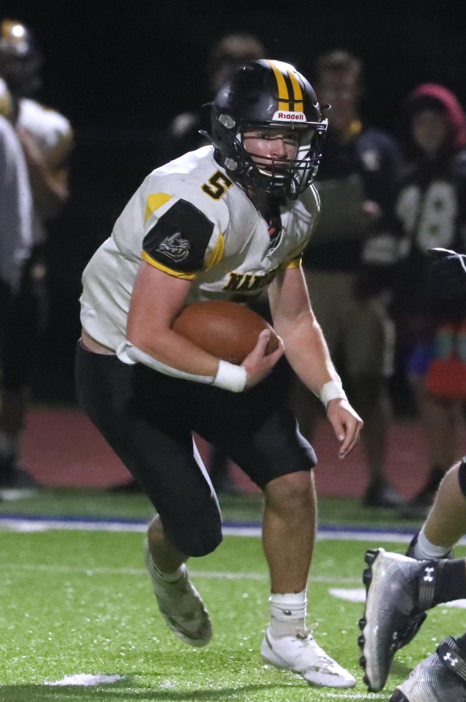 Nanuet's James Moran carries the ball during the Little Brown Jug game at Pearl River Oct. 7, 2022. Nanuet won 31-7.