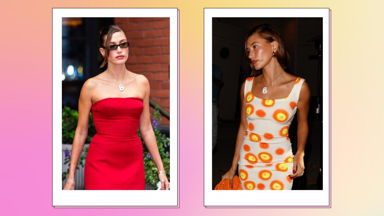  Hailey Bieber wearing a 'B' bubble initial necklace - in one picture she wears a red dress, in the other a white dress with orange and yellow dots/ in a pink and yellow gradient templatet 