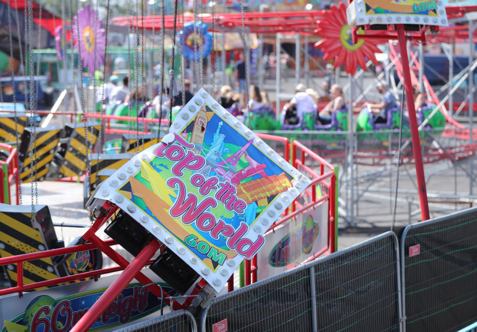 The Star Flyer funfair ride at Planet Fun in Carrickfergus, Co Antrim, which collapsed on Saturday evening, injuring six people. Picture date: Sunday July 25, 2021. (Photo by Niall Carson/PA Images via Getty Images)