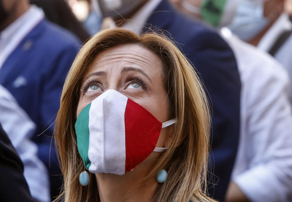 ROME, ITALY - JUNE 02: Fratelli d'Italia leader Giorgia Meloni is seen during an anti-government demonstration in Rome, Italy, on June 02, 2020. Center-right Forza Italia, Fratelli d'Italia and Lega Salvini Premier parties celebrated the Republic Day with a series of initiatives in several Italian cities against the government's policy as the country eased lockdown restrictions aimed to face the spread of the COVID-19 pandemic. (Photo by Riccardo De Luca/Anadolu Agency via Getty Images)