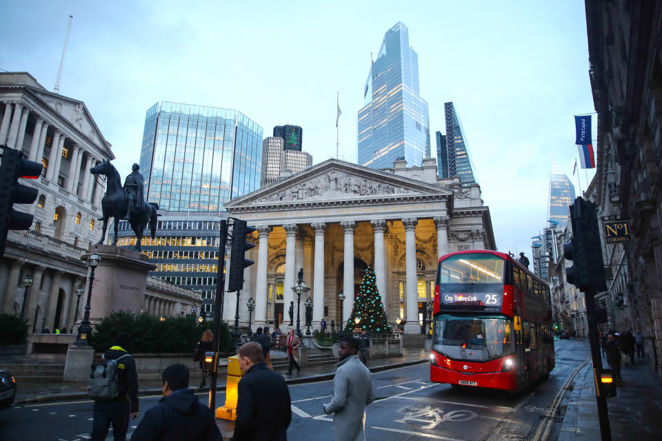 Royal Exchange and skyscrapers at CIty of London financial district in London, Great Britain on December 11, 2019. (Photo by Jakub Porzycki/NurPhoto via Getty Images)