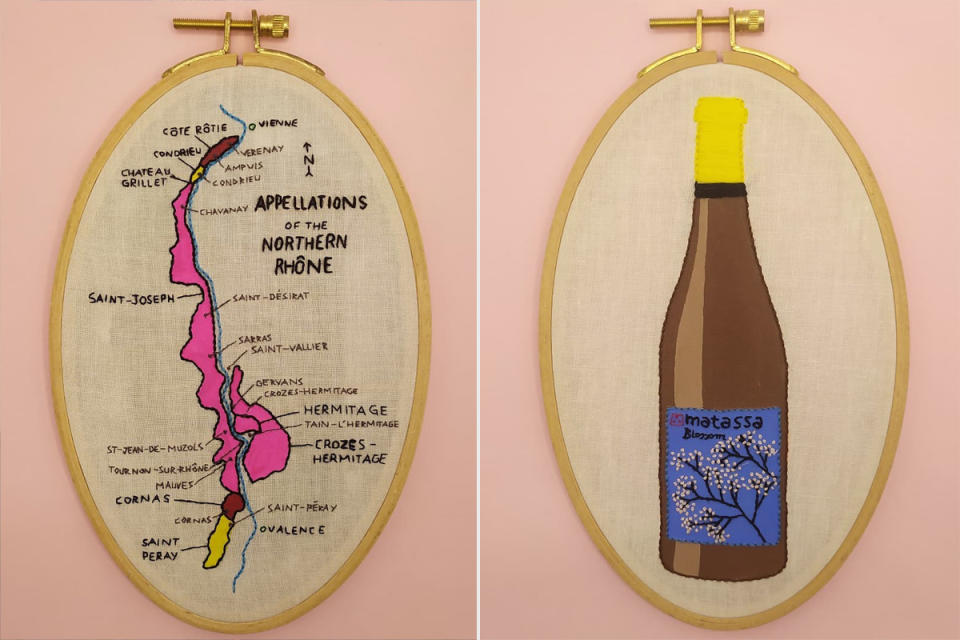 <p>Commemorate a special bottle shared with friends with these unique hand-stitched pieces from Natural Stitches, an Instagram account dedicated to delightful wine-related embroidery. The artist's #TipsyEmbroidery is custom made to order in a range of shapes, sizes and backgrounds, and can feature a bottle or a wine region of your choice. </p> <p><strong>Buy It!</strong> Natural Stitches, from $56; <a href="https://www.instagram.com/_naturalstitches/?hl=en" rel="nofollow noopener" target="_blank" data-ylk="slk:instagram.com/_naturalstitches;elm:context_link;itc:0;sec:content-canvas" class="link ">instagram.com/_naturalstitches</a></p>