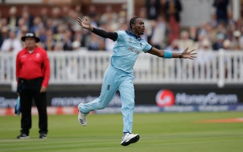 Jofra Archer celebrates taking a wicket in the World Cup final - Credit: AP