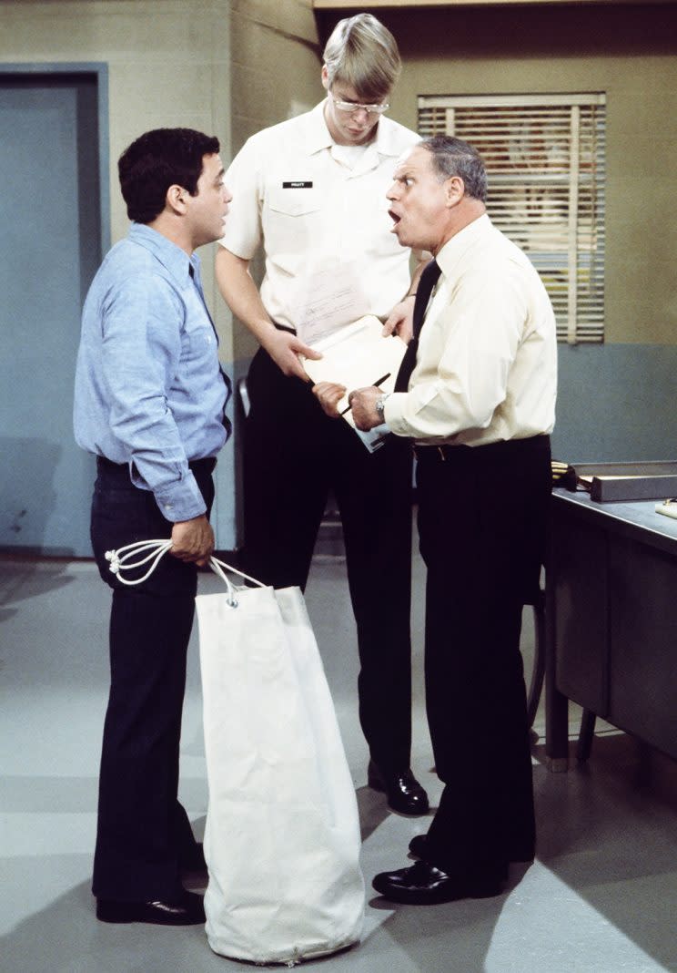 C.P.O. SHARKEY -- Pictured: (l-r) Philip Sims as Recruit Apocuda, Peter Isacksen as Seaman Pruitt, Don Rickles as C.P.O. Otto Sharkey -- (Photo by: NBC/NBCU Photo Bank via Getty Images)