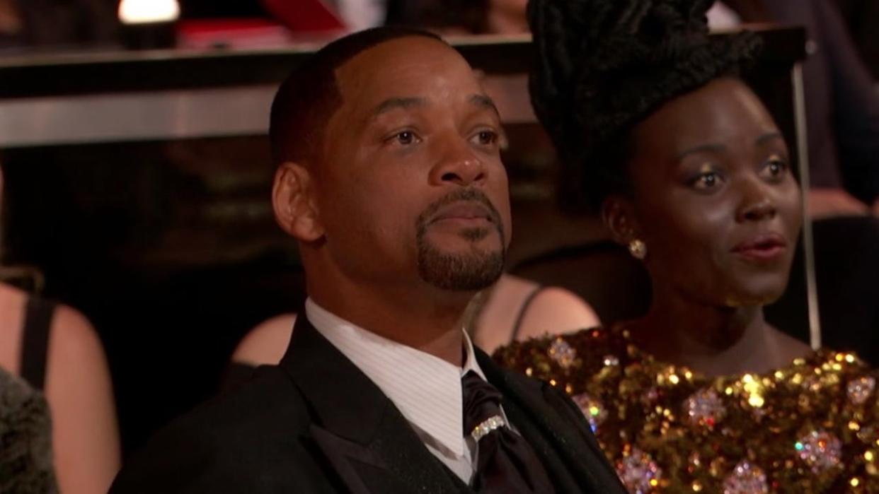  Will Smith glaring at Chris Rock at 94th Academy Awards 