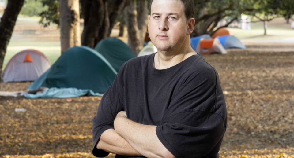 Paul Slater is pictured, he runs the Northwest Community Group and manages a makeshift tent community in Musgrave Park in Brisbane's south. 