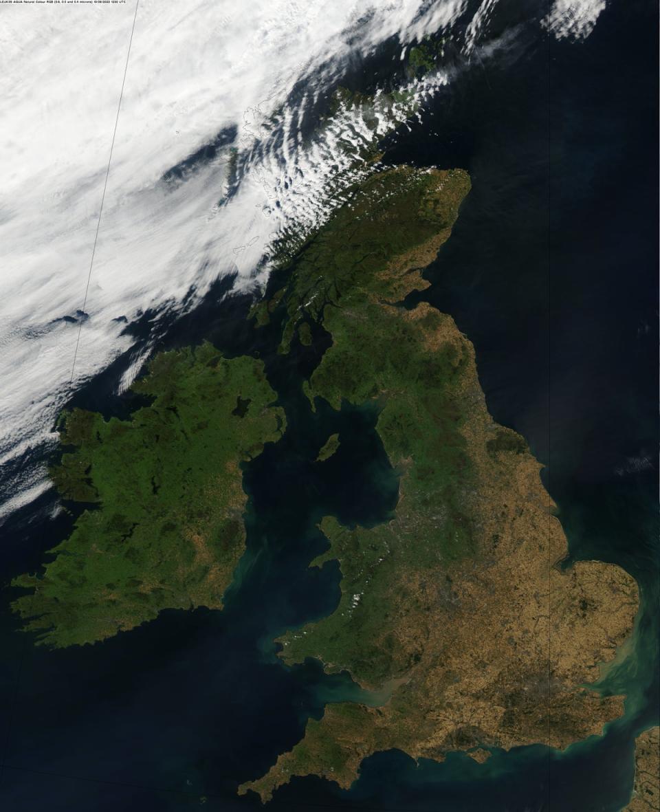 Satellite image showing the vast areas that have been affected by the prolonged dry conditions (Met Office/Crown Copyright/PA) (PA Media)