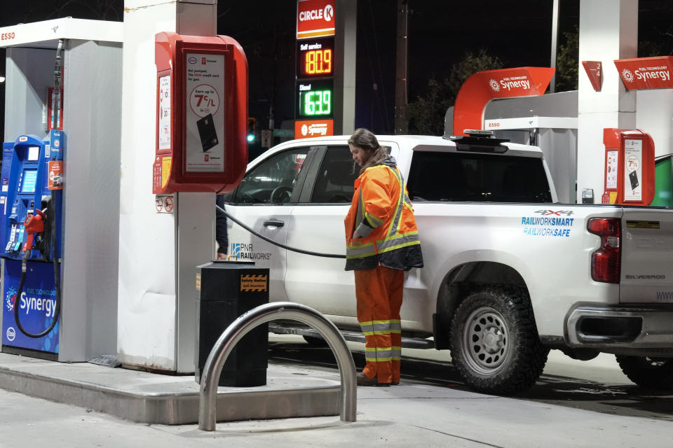 A customer fills up at a gas station in Toronto, on Thursday, April 18, 2024.THE CANADIAN PRESS/Chris Young