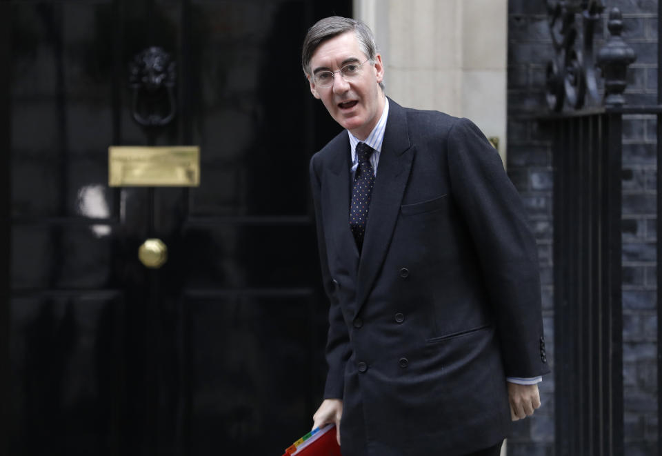 Britain's Leader of the House of Commons Jacob Rees-Mogg arrives for a cabinet meeting at Downing Street in London, Thursday, Oct. 3, 2019. The U.K. offered the European Union a proposed last-minute Brexit deal on Wednesday that it said represents a realistic compromise for both sides, as British Prime Minister Boris Johnson urged the bloc to hold "rapid negotiations towards a solution" after years of wrangling. (AP Photo/Kirsty Wigglesworth)