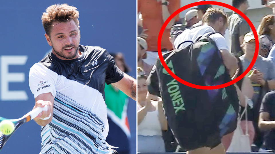 Pictured right, Stan Wawrinka leaves court after withdrawing from his first round match at the US Open.