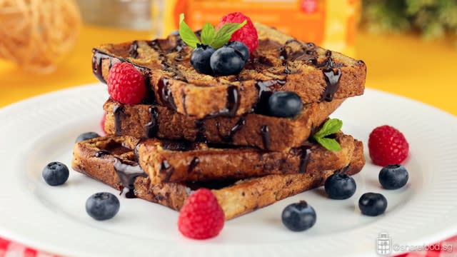 French Toast Waffle with Chocolate and Berries Close up