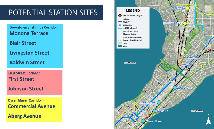 A map from the City of Madison showing the eight proposed passenger rail station sites.