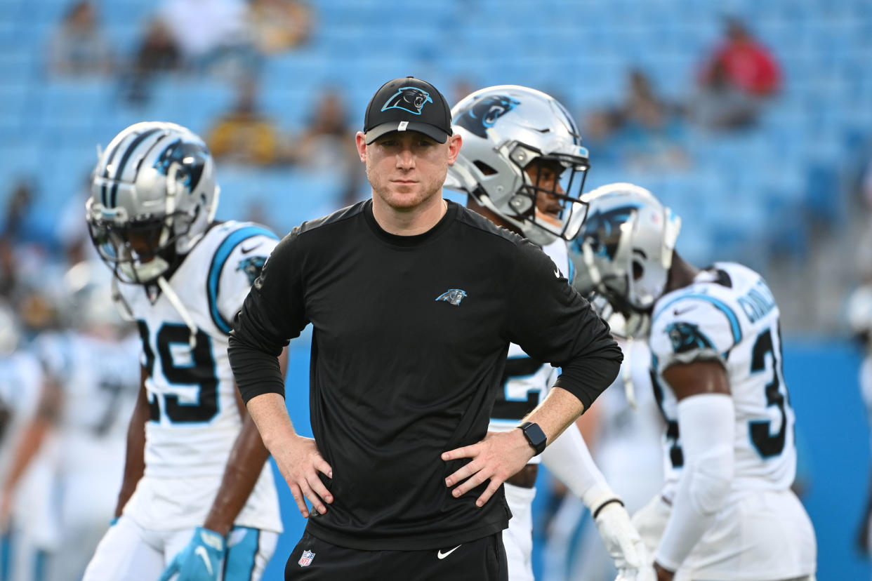 Aug 27, 2021; Charlotte, North Carolina, USA;  Carolina Panthers offensive coordinator Joe Brady before the game at Bank of America Stadium. Mandatory Credit: Bob Donnan-USA TODAY Sports