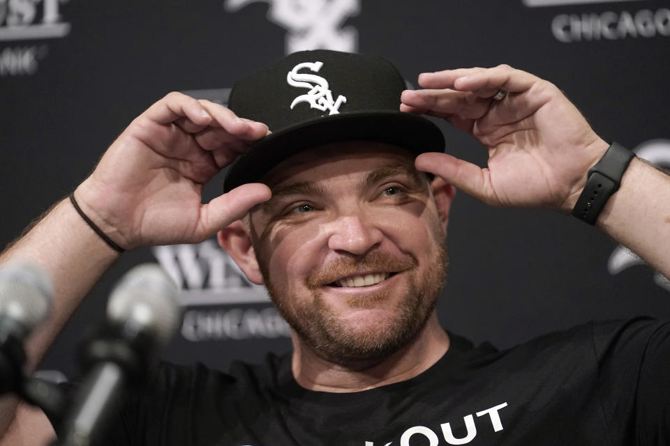 Chicago White Sox's Liam Hendricks smiles as he talks to reporters before a baseball game between the White Sox and the Minnesota Twins on Wednesday, May 3, 2023, in Chicago. (AP Photo/Charles Rex Arbogast)