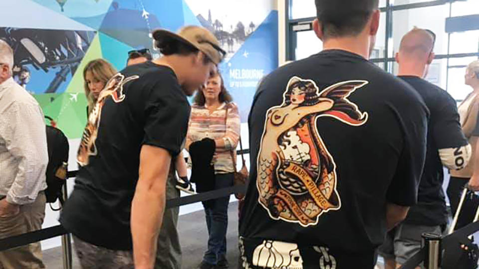 Players from Old Bar Beach Pirates rugby league club have been slammed on social media after wearing shirts with the slogan 'Rape and Pillage Tour 2019' for their end of season trip. Picture: Twitter