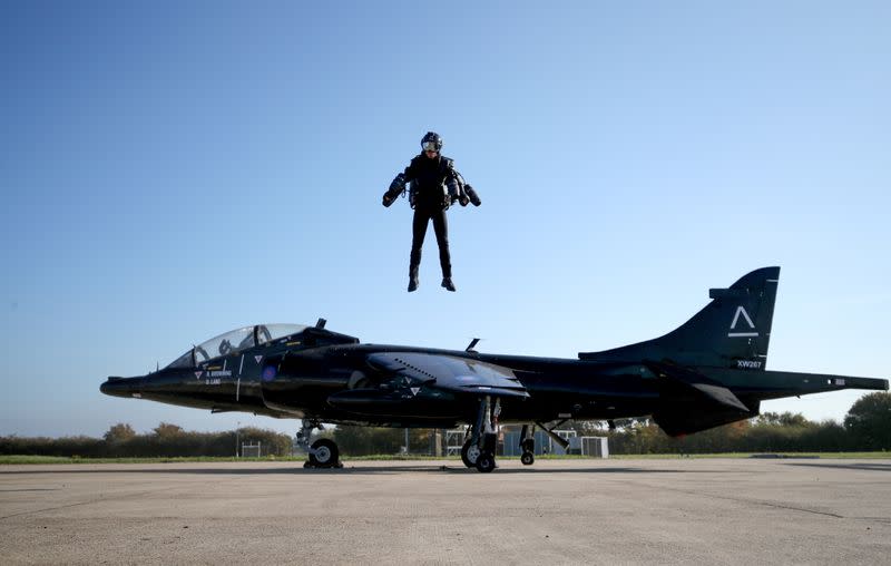 FILE PHOTO: Richard Browning, Chief Test Pilot and CEO of Gravity Industries, wears a Jet Suit and flies during a demonstration flight at Bentwaters Park, Woodbridge