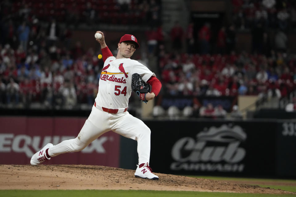 St. Louis Cardinals starting pitcher Sonny Gray throws during the fifth inning of a baseball game against the Philadelphia Phillies Tuesday, April 9, 2024, in St. Louis. (AP Photo/Jeff Roberson)