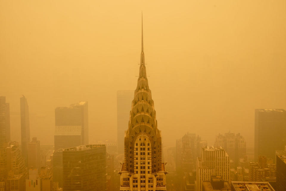 Smoky haze from wildfires in Canada diminishes the visibility of the Chrysler Building on June 7, 2023 in New York City.