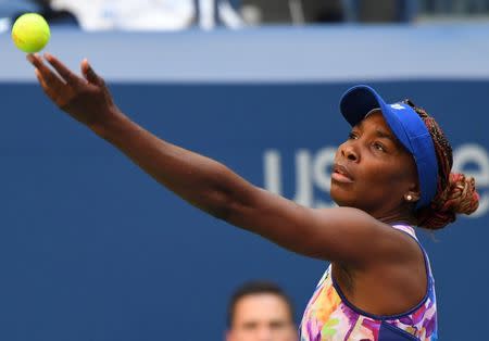 Aug 30, 2016; New York, NY, USA; Venus Williams of the USA hits to Kateryna Kozlova of Ukraine (not pictured) on day two of the 2016 U.S. Open tennis tournament at USTA Billie Jean King National Tennis Center. Mandatory Credit: Robert Deutsch-USA TODAY Sports