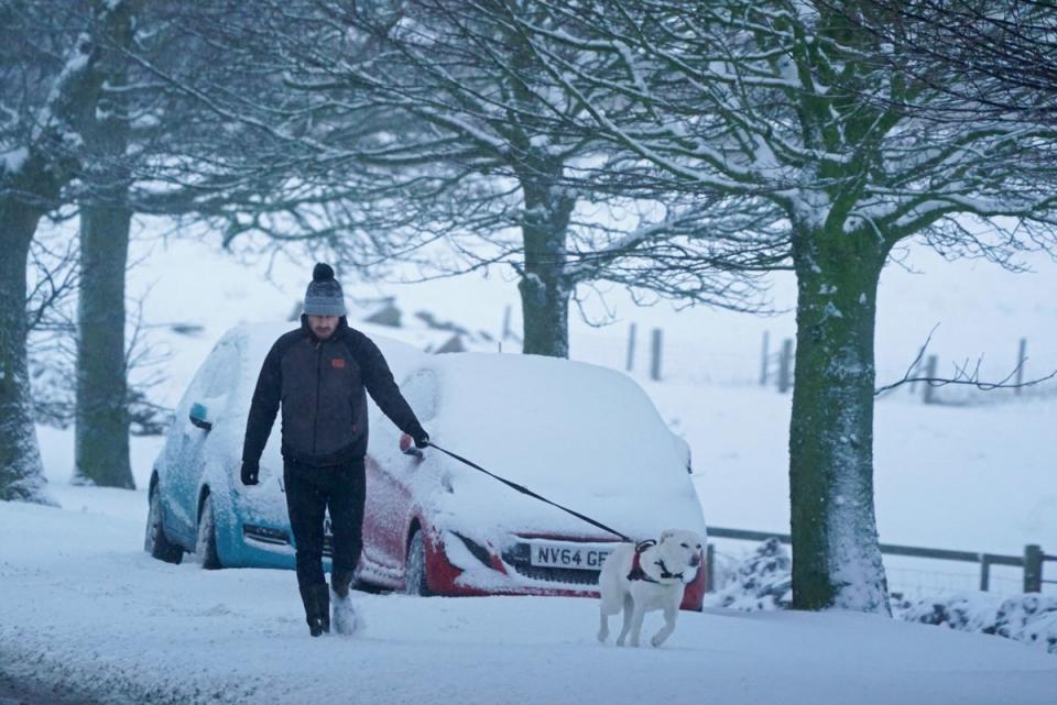 A man walks his dog in Tow Law, Co Durham (PA)