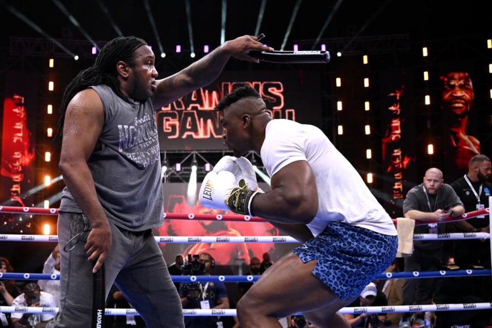 Ngannou, right, at an open workout in Riyadh this week (Getty Images)