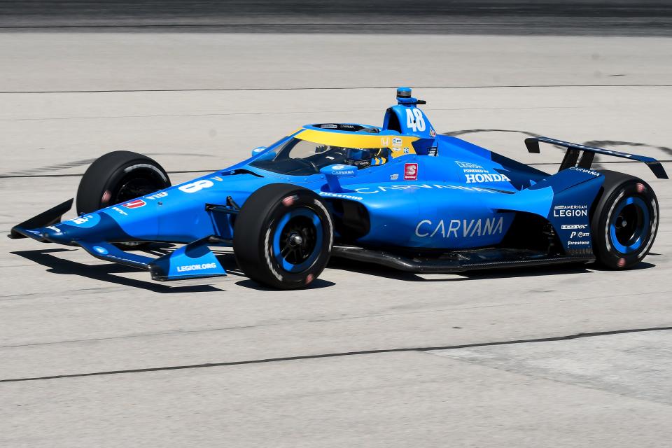 Jimmie Johnson speeds as he approaches the fourth turn on the track during the NTT IndyCar Series XPEL 375 qualifying round at Texas Motor Speedway in Fort Worth, Texas on Saturday, March 19, 2022.