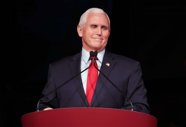 PHOTO: Former Vice President Mike Pence speaks during the Advancing Freedom Lecture Series at Stanford University, Feb. 17, 2022, in Stanford, Calif. (Justin Sullivan/Getty Images, FILE)