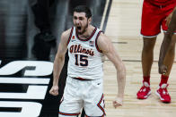Illinois forward Giorgi Bezhanishvili (15) celebrates during the second half of an NCAA college basketball championship game against Ohio State at the Big Ten Conference tournament, Sunday, March 14, 2021, in Indianapolis. (AP Photo/Michael Conroy)