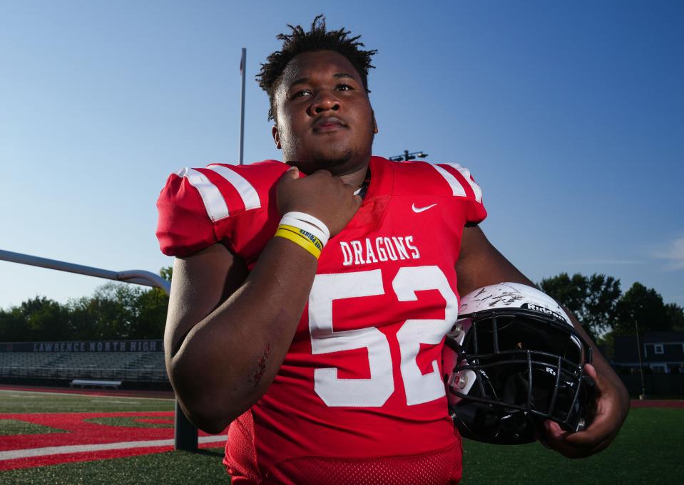 New Palestine's Michael Thacker poses for a photo Thursday, August 3, 2023, at Lawrence North High School in Indianapolis.  