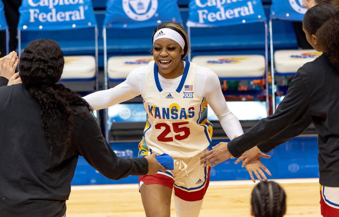 Kansas guard Chandler Prater runs onto the court before an NCAA women’s basketball game against Oklahoma State on Sunday, Feb. 26, 2023, in Lawrence, Kan.